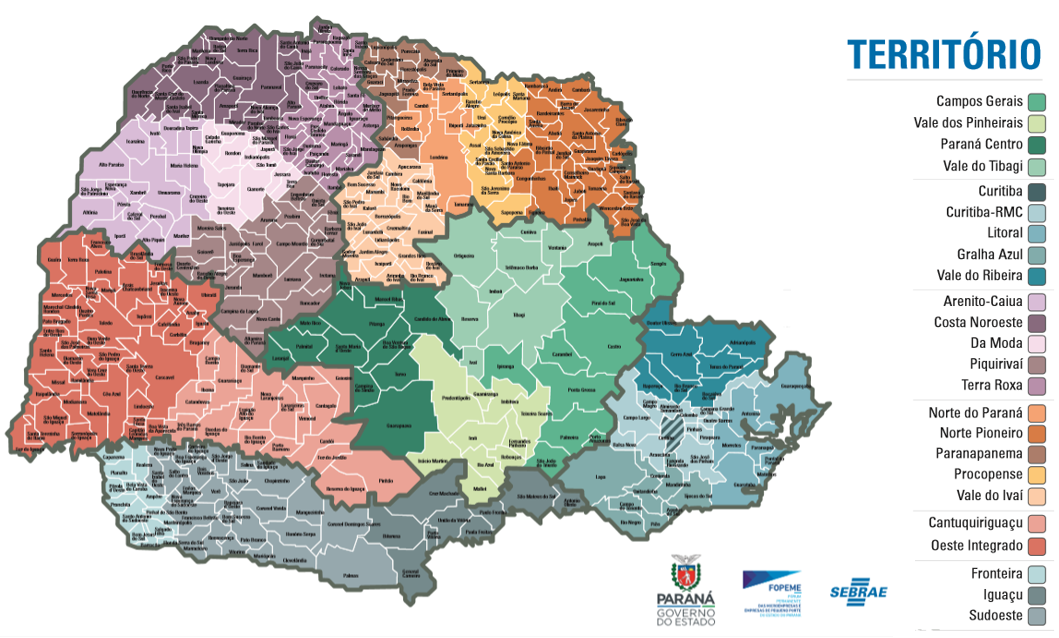 Mapa do Paraná com a divisão dos Comitês Territoriais